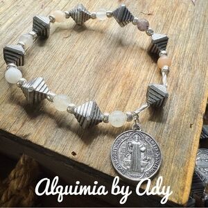 White and  peach moonstone silver Saint Benedict statement bracelet